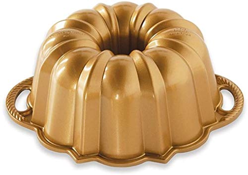 Nordic Ware Molde de aluminio fundido original para 6 tazas, molde para tartas con patrón geométrico, color dorado 51277